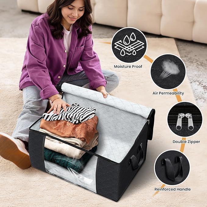 Fab totes Storage Bags,Clothes Blanket Storage Bins Foldable Closet Organizers with Reinforced Handle for Home Dorm Storage and Organization,Fabric Bags for Organizing Sheets,Clothing (Black,8 Pack)