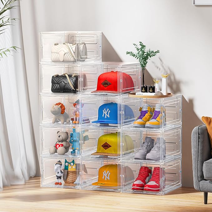 Hat Organizer Box, Stackable Clear Baseball Caps Holder Box Containers with Magnetic Door for Hats Snapback Cap Storag, Hat Rack Display Case, Holds 8 Hats Each (Clear, 2 Pack)