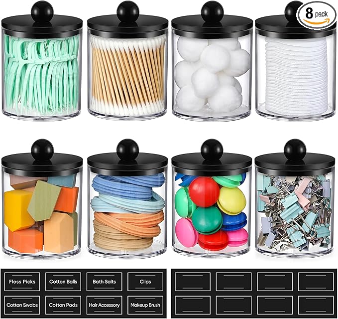 8 Pack Acrylic Qtip Holder Dispenser for Cotton Swabs, Balls, Pads, Floss - Plastic Canister Apothecary Jar Set, Bathroom Essentials Accessories Decor Vanity Makeup Storage Organizer - Clear & Black