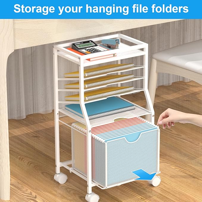 Rolling File Cart, 6-Tier Desk File Organizer on Lockable Wheels, White Wood Planks & Mesh Sliding Hanging Folder Drawer, Organization Cart for Office Home School