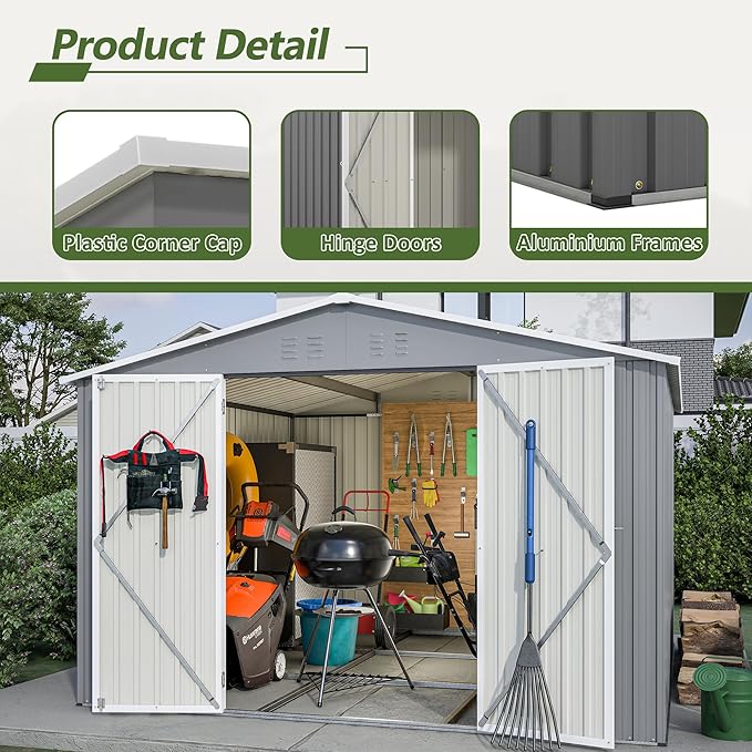 10×10 FT Outdoor Storage Shed,Metal Aluminum Waterproof Tool Sheds with Foundation,Doors & Vents,Heavy-Duty Sheds Unit W/Lock & Key,for Storing Bicycles,Lawnmowers,Barbeques,Gray