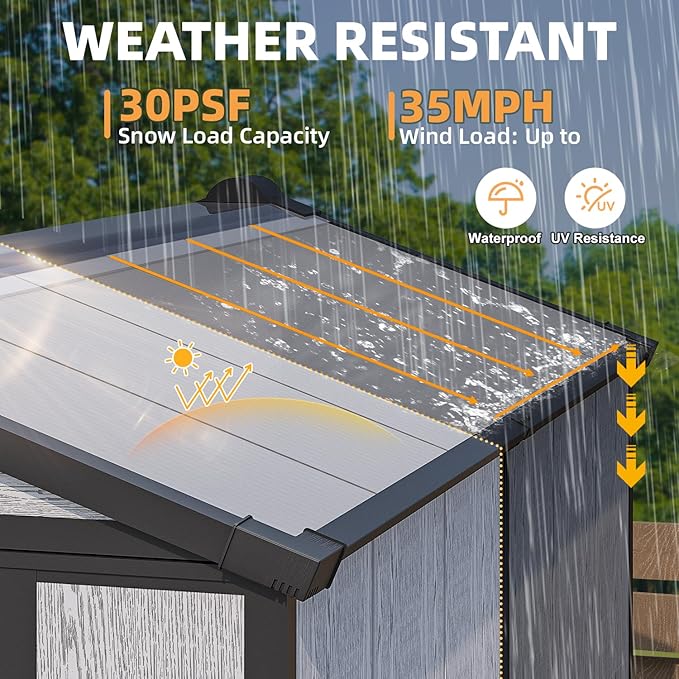 MELLCOM 4 x 6 FT Resin Outdoor Storage Shed with Floor, Resin Outdoor Storage Tool Shed with Windows and Lockable Door, Garden Shed for Lawnmower, Bike, Pool Supply
