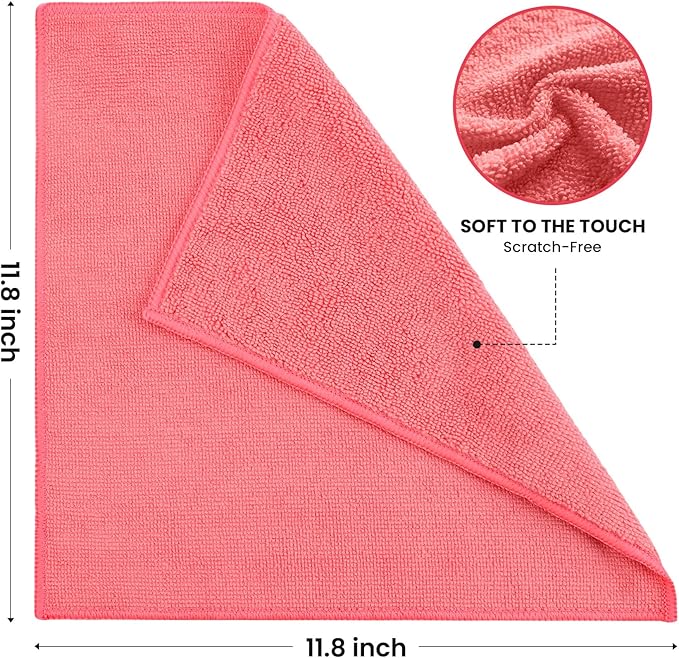 Microfiber Cleaning Cloth, 12 Pack Pink Cleaning Rags for Housekeeping, Reusable Microfiber Towels for Car, Kitchen, Bathroom and Household Cleaning Supplies, 11.8"X11.8"