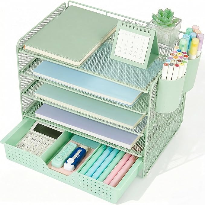 Desk Organizers and Accessories, 5-Tier Paper Letter Tray Organizer with Drawer & 2 Pen Holders, Desktop Organizer for Office Supplies (Green)
