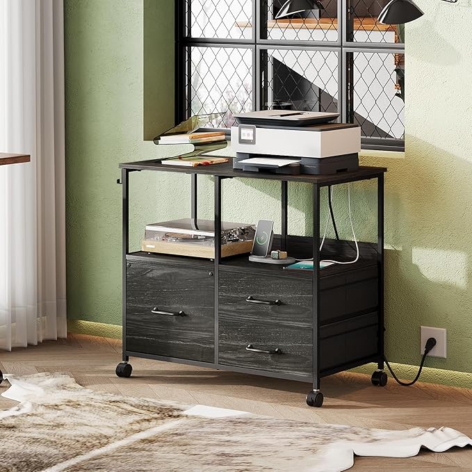 DEVAISE 3 Drawer Mobile File Cabinet, Rolling Printer Stand with Storage Shelf, Fabric Lateral Filing Cabinet fits A4 or Letter Size, Adjustable Shelf for Home Office, Charcoal Black Wood Grain Print
