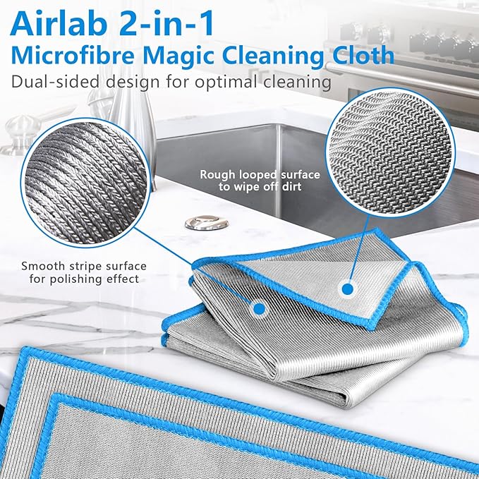 Airlab Glass Polishing Cloth Streak Free Miracle Microfiber Cleaning Cloth Lint Free Cleaning Rags for Glasses Kitchen Dish Mirrors Easy Clean, Pack of 6, 12" x 12", Sliver-Blue