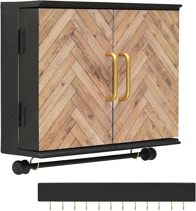 Wall Mounted Jewelry Organizer with Herringbone Wood Pattern. Jewelry holder for Necklaces, Earings, Bracelets, Ring Holder, and Accessories. Includes hooks for hanging jewelry - Black & Brown