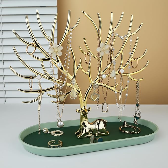 MORE&LESS Antlers Jewelry Display Stand,Gold Deer Hanging Organizer for Ring Earrings Necklace Bracelet