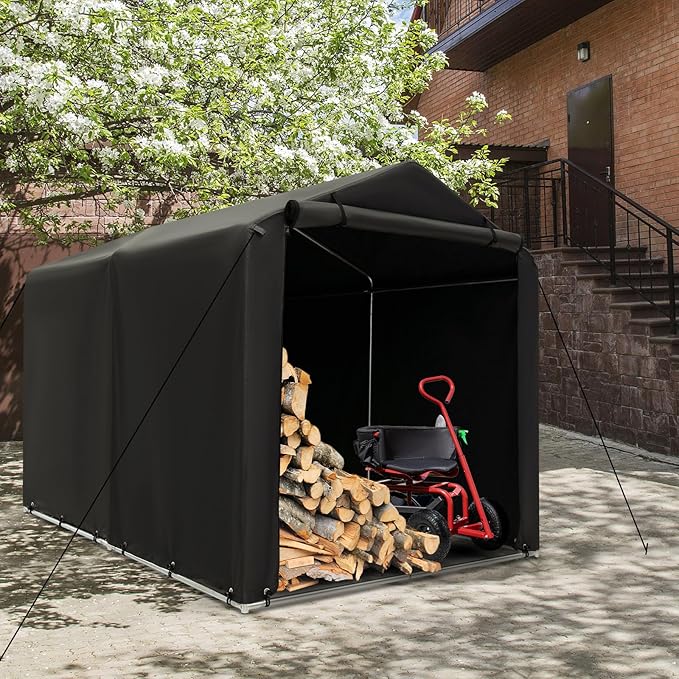 Goplus Portable Storage Shed, 7 x 5.2 x 5.4 Ft Heavy Duty Motorcycle Shed w/Roll-Up Zipper Door, Metal Frame, Waterproof Cover & Wind Rope, Outdoor Storage Tent Shelter for Bike, Garden Tools