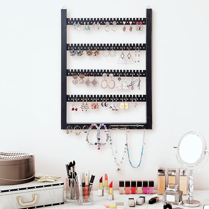 Solid Wood Earring Hanging Jewelry Organizer Wall Mounted Earring Organizer and Necklace Holder- Earring Display for studs, dangling, Necklace, Bracelet, and Rings-Black Color