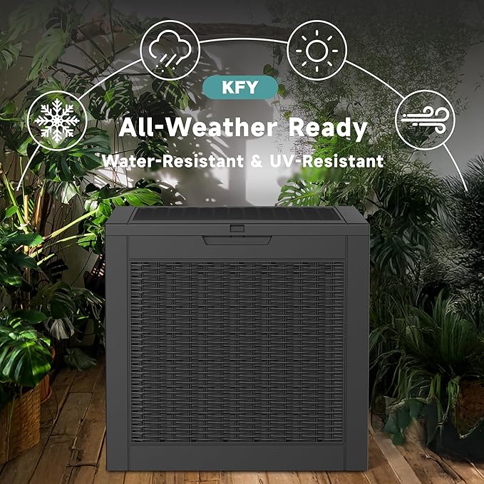 31 Gallon Waterproof Resin Deck Box, UV Resistant Outdoor Storage for Garden, Patio, Porch, Delivery（Rattan Black，31 Gallon）