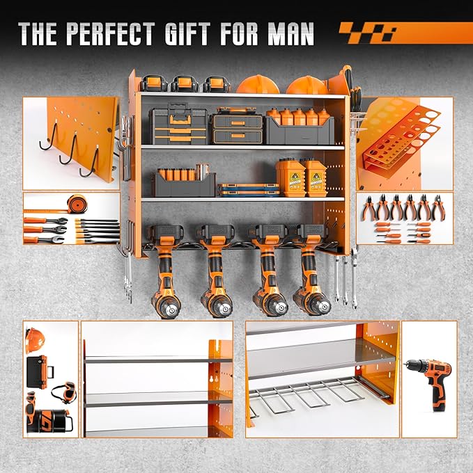 Garage Tool Organizer with 4 Tier,Drill Holder Wall Mount,Heavy Duty Rack with Hooks for Tool Organizers and Storage,Home Gifts Orange