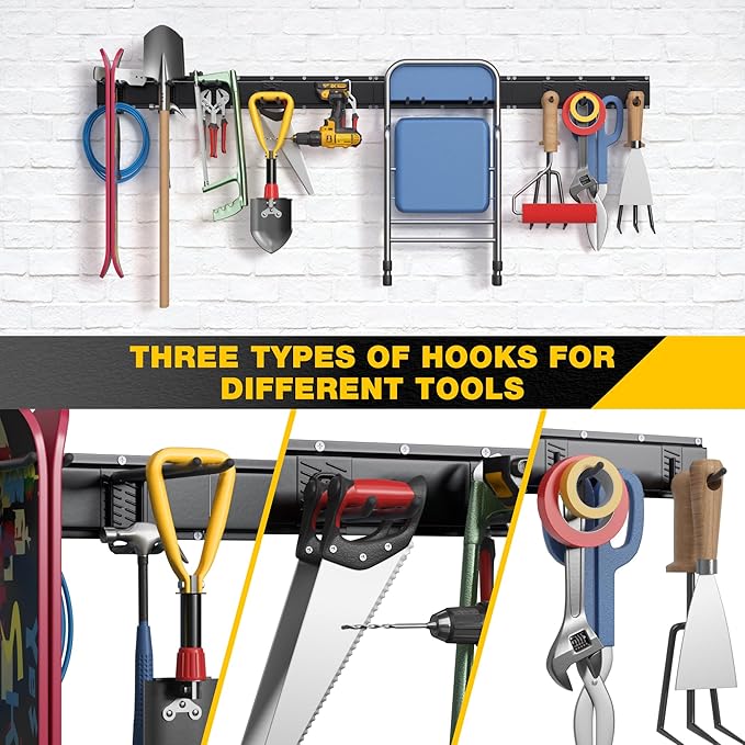 Garage Tool Organizer Wall Mount with 64 inches Rails and 10 Adjustable Heavy-Duty Hooks, Garden Tool Organizer, 14 Pack Carries 630 lbs, Heavy Duty Garage Storage Rack For Yard, Shed, Easy to install