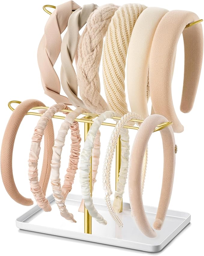 Headband Holder Organizer for Hair Accessories: Headband Storage Vanity Hair Clip Organizer, Two-Tier Stand with Storage Tray for Girls Women, Jewelry Necklace Rack for Vanity, Bathroom, Gold