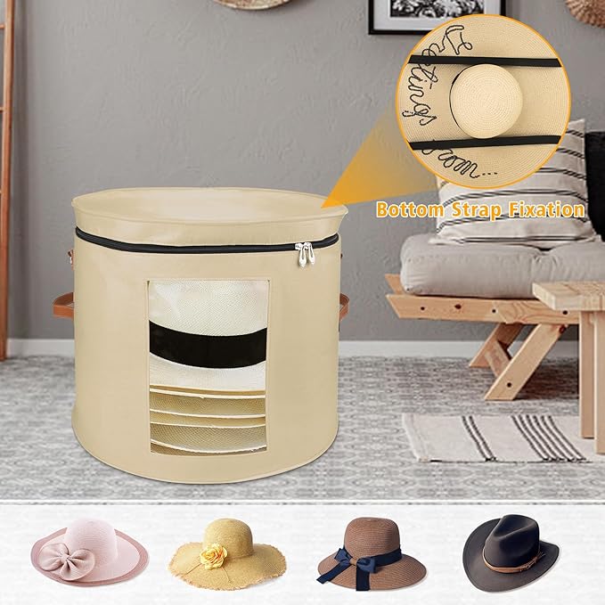 Large Hat Storage Box for Women & Men, 19" D x 17" H Oversized Hat Box Organizer，Foldable Round Travel Hat Boxes with Dustproof Lid, Stuffed Toy Storage Bin Bag (Milk Coffee)