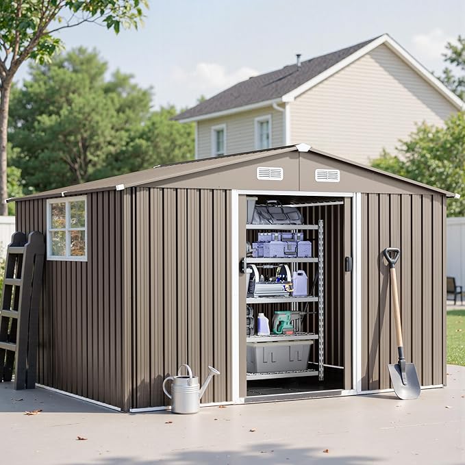 10 x 8 FT Outdoor Storage Shed with Frame Floor, Waterproof Lockable Door Metal Tool Shed with Sliding Door and Ventilation, Gardening Tool Storage Room, Metal Storage Shed for Gardens & Lawns