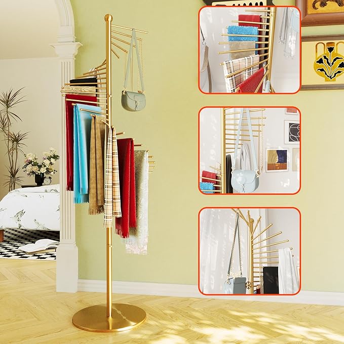 Spiral Scarf Rack, Metal Freestanding Scarf Organizer with 30 Rods, Commercial Hijab Organizer Stand for Home Clothing Store, Space Saving Shelves (Gold)