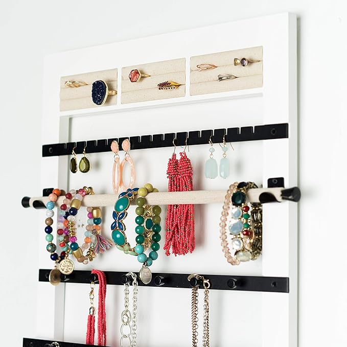 Hives and Honey Tori Wall Hanging Jewelry Rack – Wall-Mounted Organizer with Ring Rolls, Earring Slots, Bracelet Bar & Necklace Hooks, Anti-Tarnish Linen, White
