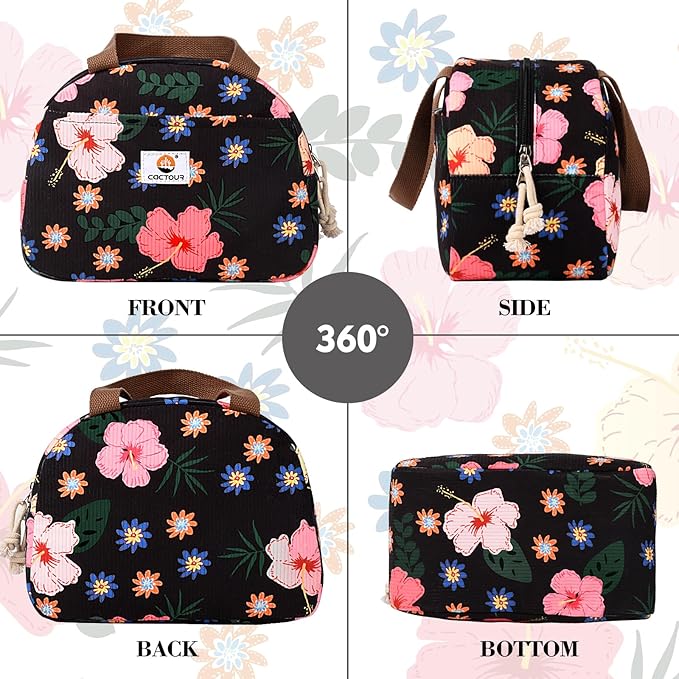 Lunch Box for Women Girls Teens,Cute Lunch Box Cooler Bag, Portable Insulated Small Lunch Bag Women Reusable Corduroy Lunch Tote for Work/Travel/Picnic/School (Flower)