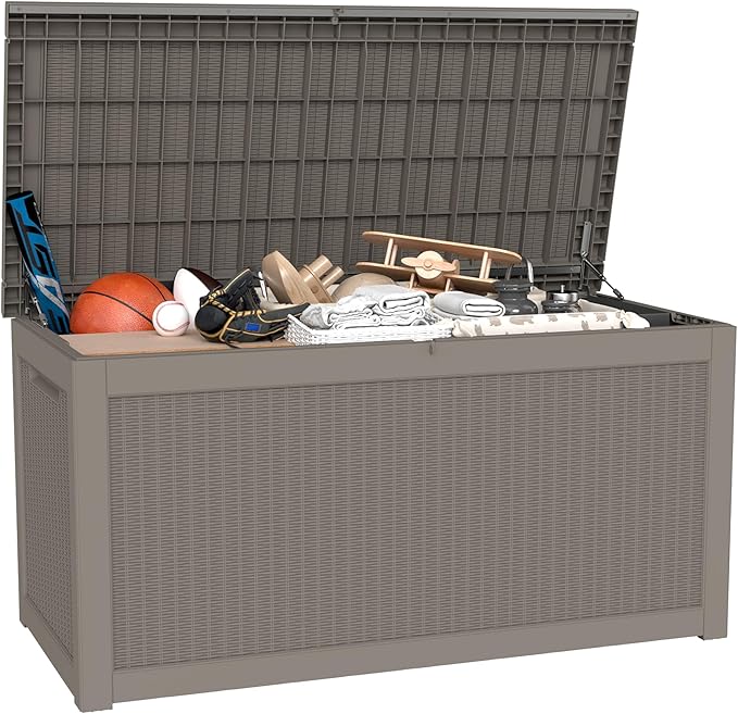 320 Gallon Outdoor Storage Box, Waterproof Resin Deck Box with Lockable Lid Large Storage Bin for Patio Furniture Cushion, Garden Tools, Pool Accessories, UV-Resistant Outside Delivery, Gray