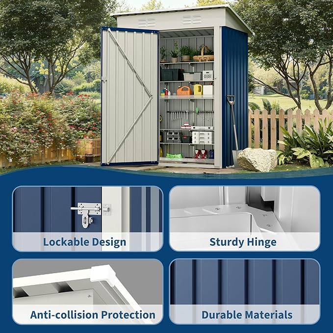 5x3 FT Outdoor Storage Shed, Tool Shed with Sloping Roof and Lockable Door, Compact Metal Tool Garden Shed for Garden, Backyard, Patio