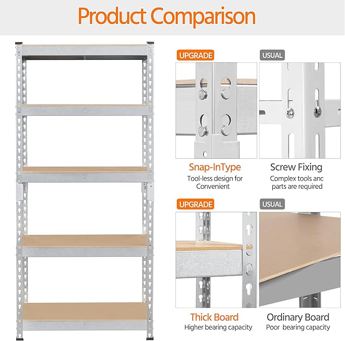 Topeakmart 5-Tier Utility Shelves, Metal Storage Shelves, Adjustable Shelving Units, Boltless Assembly, Garage Shelves Shed Shelving for Warehouse Garage Shed Basement- Silver, 27.5 x 12x 60 Inch