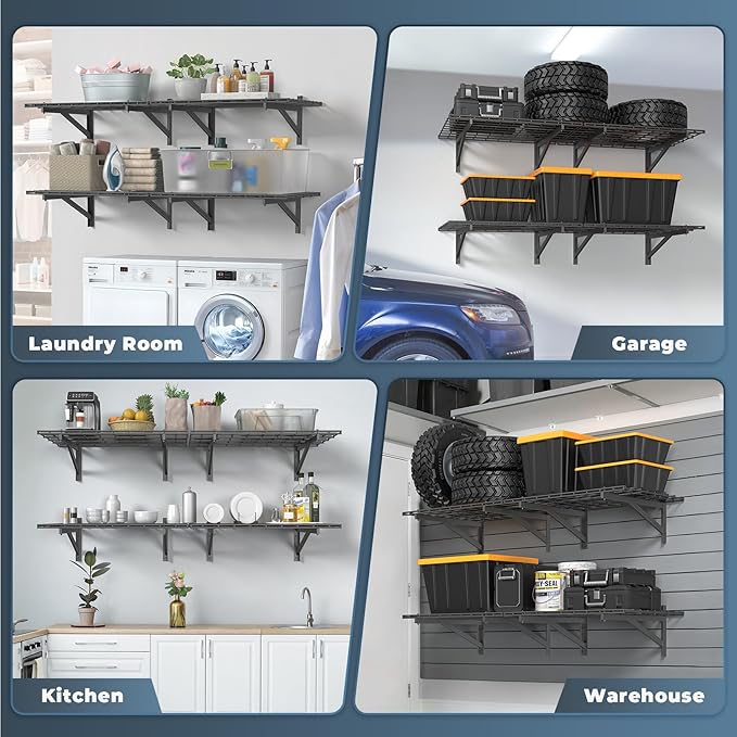 4 Pack Heavy Duty Garage Wall Shelving Set (2x3ft), Wall Mounted Garage Shelves 1400lbs Capacity, 24"x72" Shelf Storage Rack Floating Shelves, Black