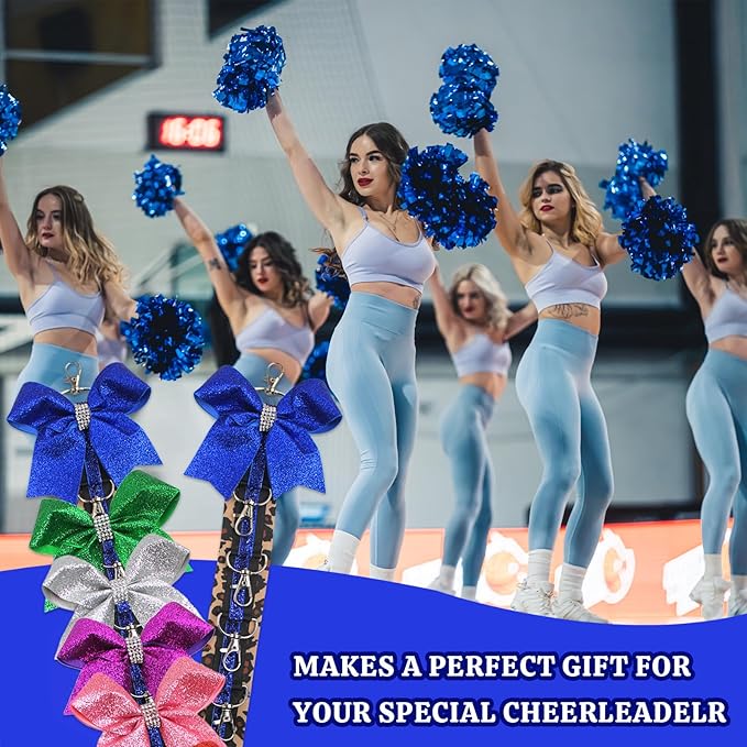 ALIBBON Cheer Bow Holder Glitter Royal Blue Leopard Print Hair Bow Holder Cheer Keychain for Cheerleading Backpack Bag Cheerleader Gifts Sports Cheerleading Bows Storage Hanging Ribbon Chain 5 Clasps