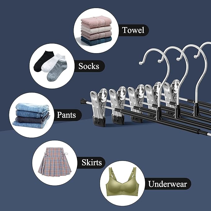Pants Hangers with Clips for Women 120 Pack Adjustable Heavy Duty Space Saving Skirt Hangers Non-Slip Trousers, Jeans Clothes,Shorts Black,12Inch