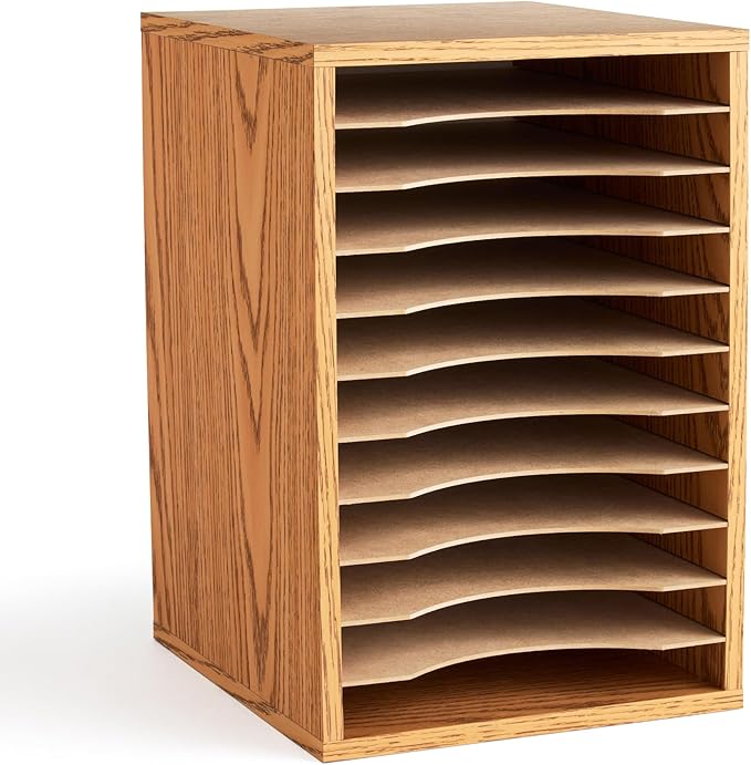 Safco Vertical Desktop Sorter, Wooden Paper Organizer for Home Office and Classroom, 11 Adjustable, Letter-Size Compartments, Medium Oak