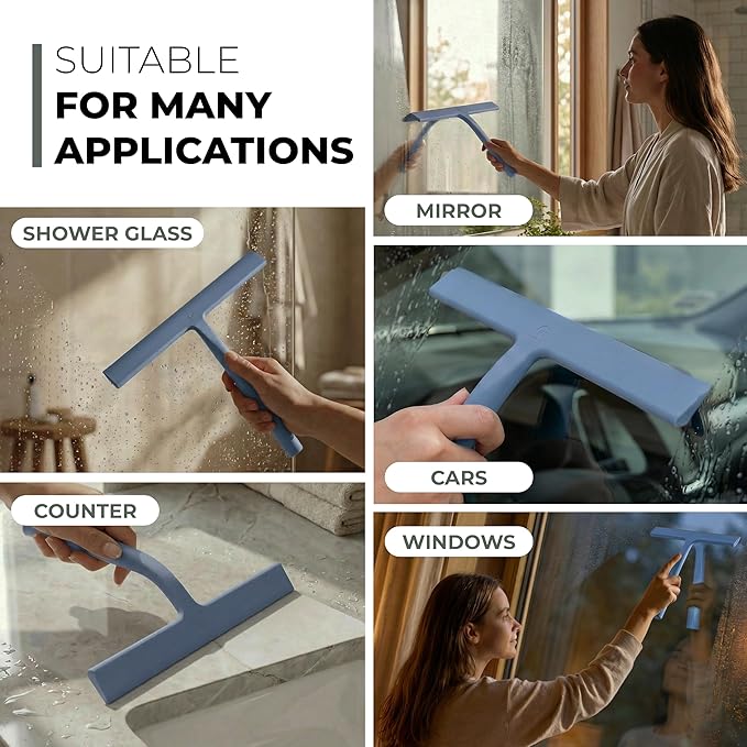 GÜTEWERK Shower Squeegee for Glass Doors, Silicone Window Squeegee, Bathroom and Glass Cleaning - Blue - 11 Inch