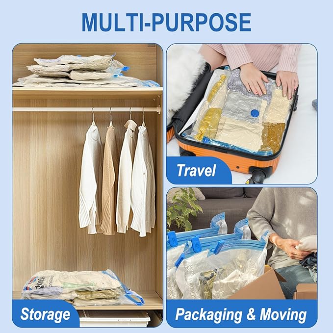 16 Combo Vacuum Storage Bags with Hand Pump, 4 Jumbo + 4 Large + 4 Medium + 4 Small Plastic Packaging Bags, 80% Space Saver Vacuum Seal Bags for Clothing, Travel Lugggage, Blankets, Comforters