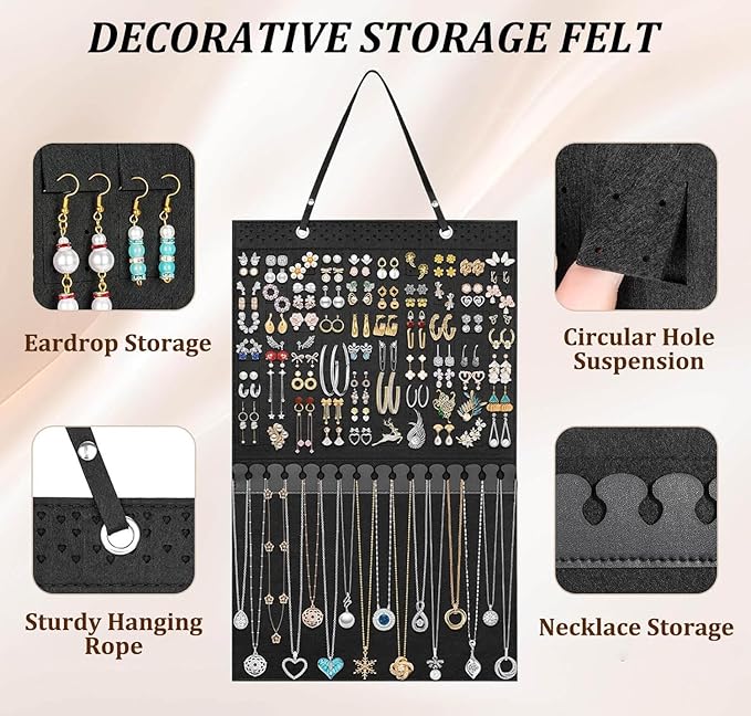Hanging Jewelry Earrings Necklaces Holder For Women Large Capacity Wall Mounted Earring Bracelet Brooch Sunglasses Organizer (Black Earring Necklaces Holder)