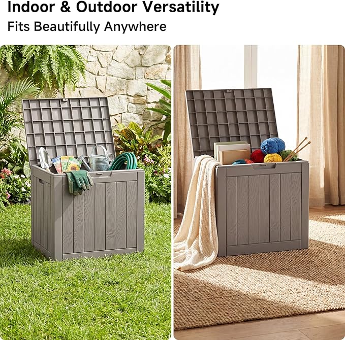 35 Gallon Outdoor Deck Box,Waterproof Resin Outdoor Storage Boxes, Outside Storage Lockable Container for Garden Tools,Indooor Cushions,Accessories (Grey)