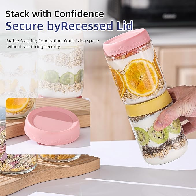 18 OZ 4Pack, Overnight Oats Jars with Lids, Glass Meal Prep Containers, Airtight Mason Jars for Breakfast, Yogurt Parfait, Salad & Smoothies, Leakproof and Reusable Food Storage Jars(4-1)