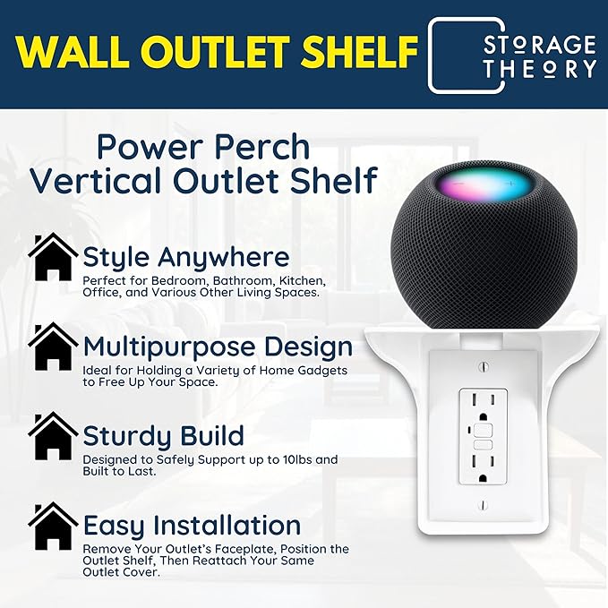 BeraTek Power Perch Wall Outlet Shelf with Cord Storage Strap - Declutter & Reclaim Counter Space - Echo Dot Wall Mount, Charging Shelf, Apple HomePod Mini Stand - White, 1-Pack