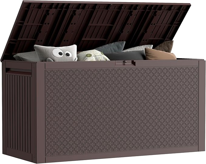EHHLY 90 Gallon Outdoor Storage Box, Lockable Package Outside Storage Box Waterproof, Patio Cushions Deck Storage Boxes, Rattan Plastic Garden Hose Containers Resin Pool Storage Bins with lids, Brown