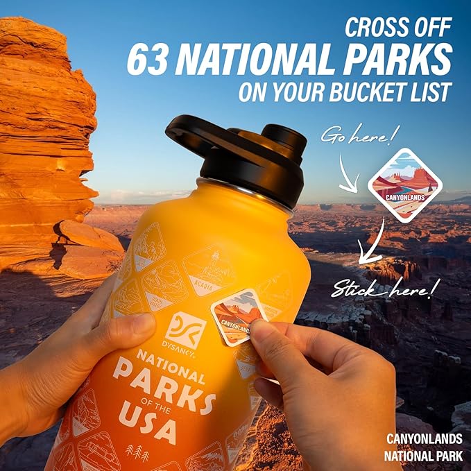 National Parks Water Bottle – 64 oz Insulated Stainless Steel Bottle with 63 Hand-Drawn Park Stickers, Carrier Bag, Strap & Gift Box – BPA-Free – Ideal for Hiking, Camping & Travel