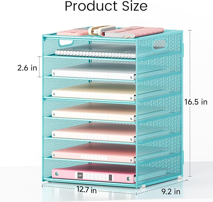 Lavatino 2 Pack 8-Tier Office Desk File Organizer, Letter Tray Paper Organizer with Handle, Including 5 Adjustable Slide Trays for Organizing Desk Workspace Accessories and Supplies (Blue Metal Mesh)