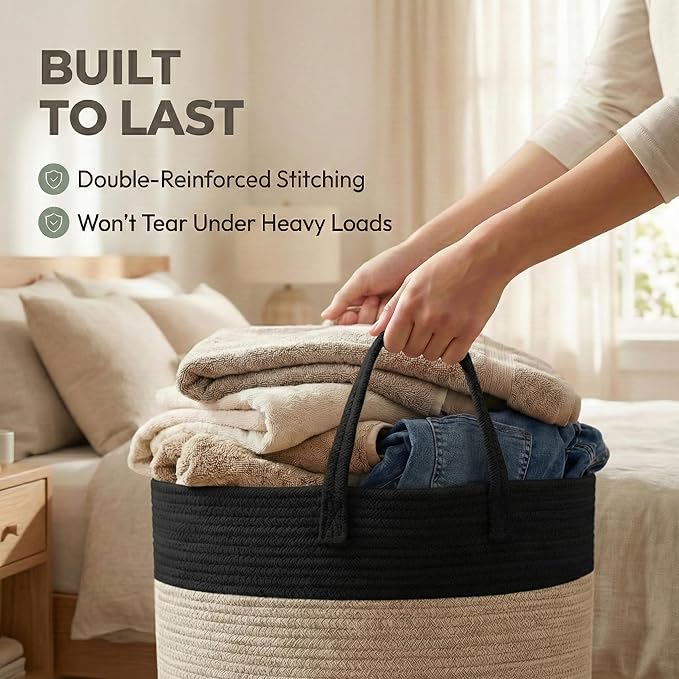 115L Extra Large Blanket Basket for Living Room - Woven Cotton Rope Laundry Hamper with Reinforced Handles - Storage Bin for Pillows, Comforters & Toys - Machine Washable,Black&Jute