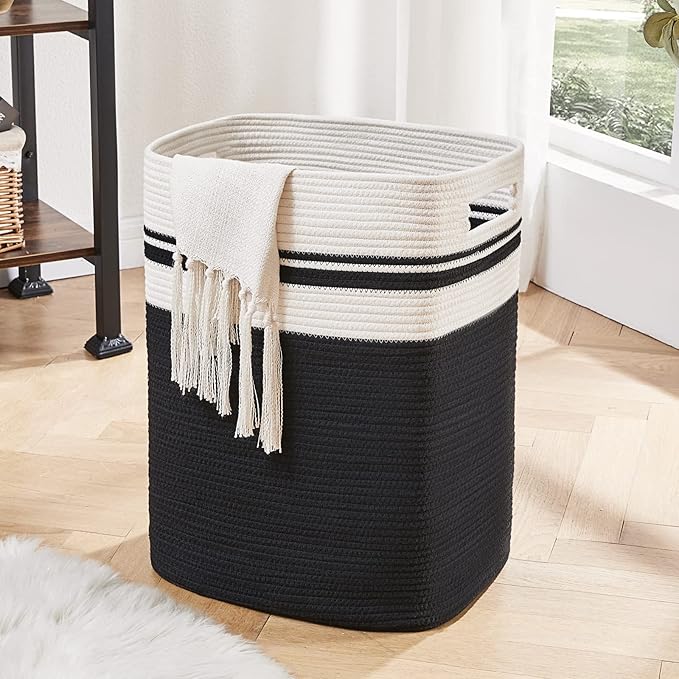 OIAHOMY Laundry Hamper-Laundry Basket,Tall Cotton Storage Basket with Handles,Decorative Blanket Basket for Living room,Collapsible Large Basket for Toys,Pillows,Clothes Organizer-16x13x22in-Black