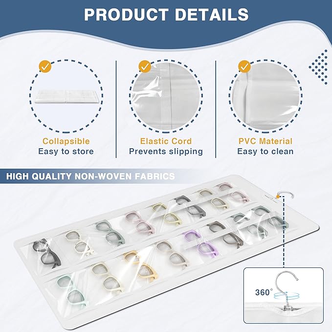 Hanging Sunglasses Organizer and Storage, Dual-Sided Sunglasses Case and Jewelry Holder, Wall-Mounted, 32 Clear Slots, Dust-Proof, Roof Design for Travel, White