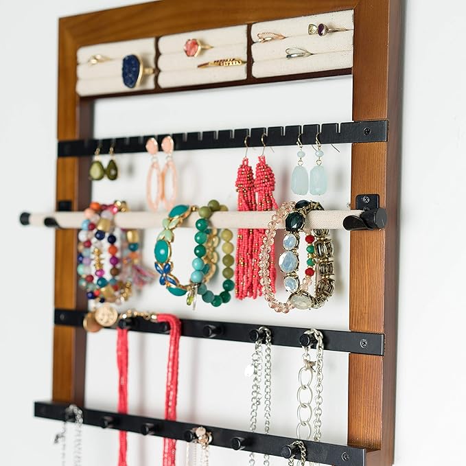 Hives and Honey Tori Wall Hanging Jewelry Rack – Wall-Mounted Organizer with Ring Rolls, Earring Slots, Bracelet Bar & Necklace Hooks, Anti-Tarnish Linen, Walnut