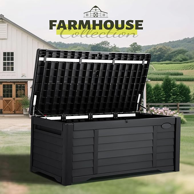 YITAHOME 150 Gallon Large Outdoor Storage Deck Box, Waterproof Cushion Storage Bench with Lockable Lid for Patio, Pool Supplies, Garden Tools, Resin, Black