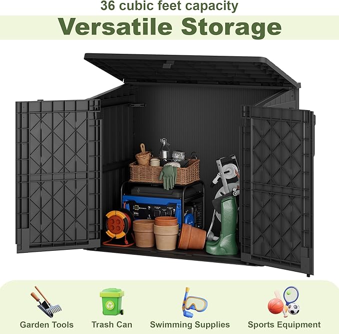 Plastic Outdoor Storage Shed, 36 Cu Ft Waterproof Outdoor Storage Cabinet with Dual Lock Door for Backyard, Patio, Garage, Garden to Store Tools & Accessories, Wood-Grain（Dark Black