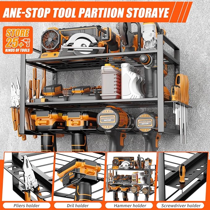 Power Tool Organizer, Wall Mount for 4 Drills, 3 Layer Duty Metal Tool Rack with Screwdriver and Hammer Holder, Work Shop,Garage Storage,150Lbs Load Capacity