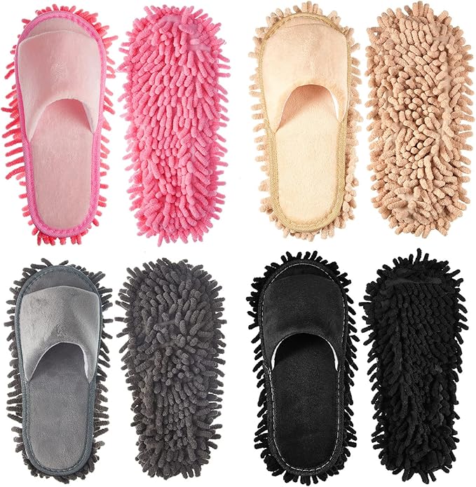 Jecery 4-Pair Washable Microfiber Mop Slippers - Detachable Dusting Shoes for Floor Cleaning, Office & Home Use - Suitable for Women & Men(Black, Pink, Beige, Gray,L Size)