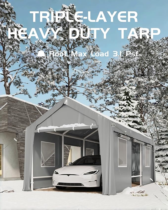 Carport, 20x10x11FT Mobile Garage with PE Tarp, Heavy-Duty Car Shelter Tent, Vehicle Canopy with Front & Rear Zippered Doors and 2 Roll-Up Side Openings, 160g, Gray