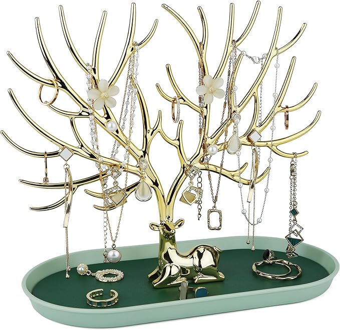 MORE&LESS Antlers Jewelry Display Stand,Gold Deer Hanging Organizer for Ring Earrings Necklace Bracelet