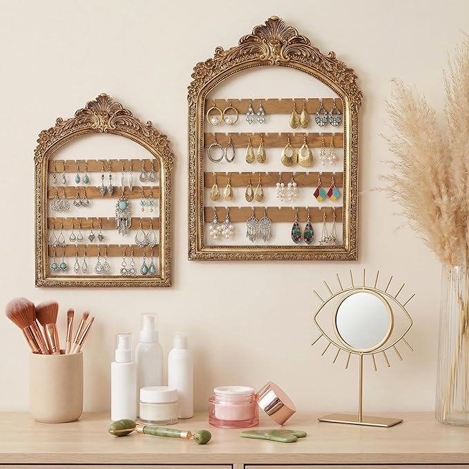 2 Pcs Wall Hanging Earring holder Organizers Vintage Arched Frame 4 Layer Wall Mounted Jewelry Holder Decorative Retro Baroque Stud Earring Display Gift (Gold,10 x 6.9'' & 13 x 9.3'')